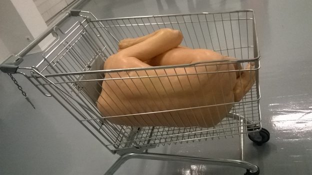 Meno kūrinys, kuriame į kamuoliuką susirietęs manekenas guli prekių vežimėlyje