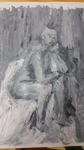Pensive nude, painted in black and white