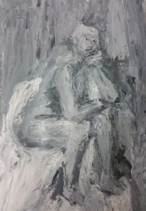 Pensive nude, painted in black and white